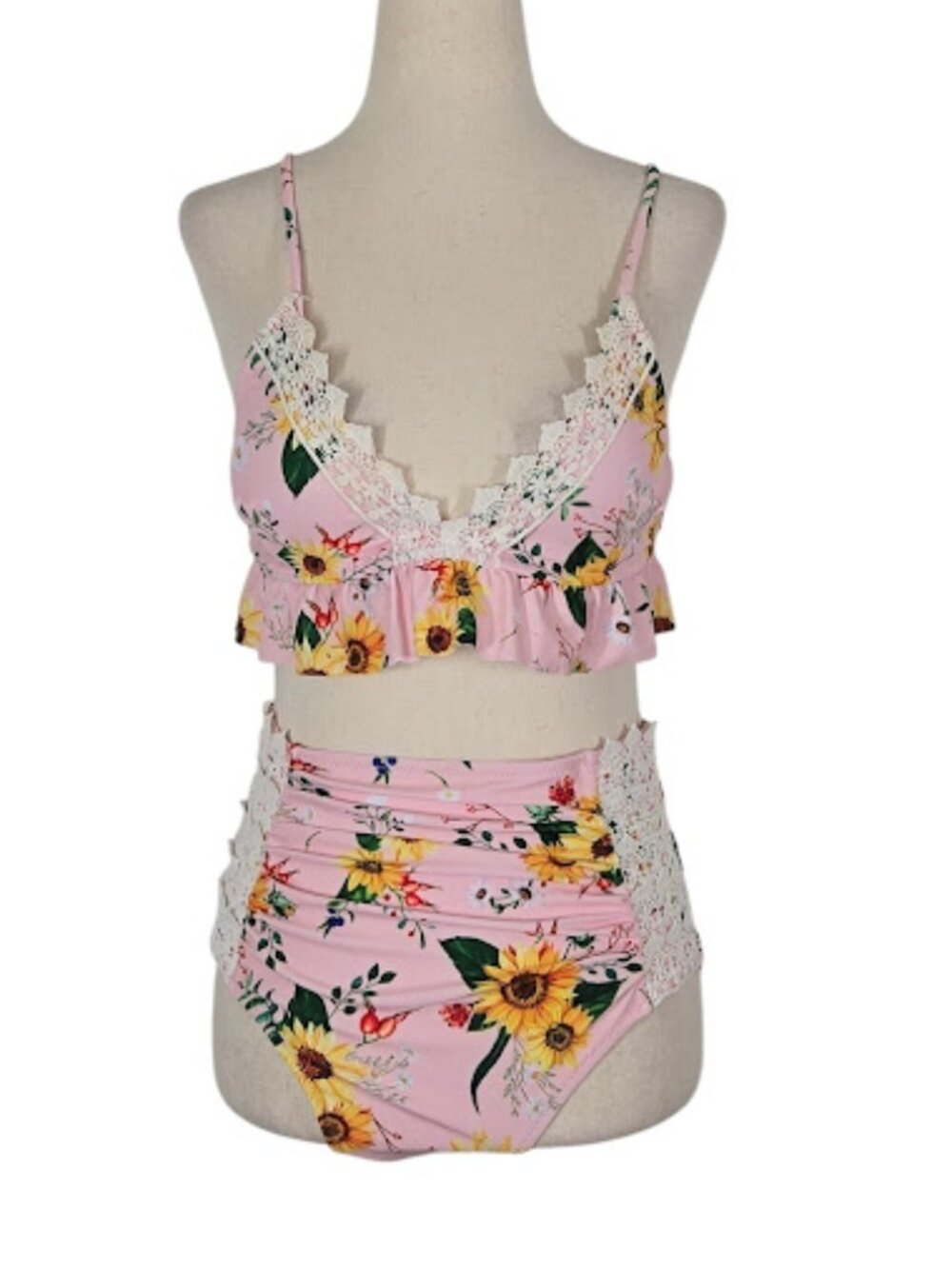 DRESSFO Women’s Bikini Set Size 8 Pink Floral Lace Ruffle Hi-Waist Swimwear NWT